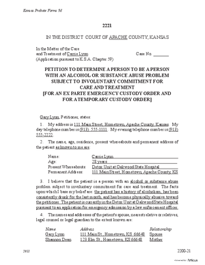 Thumbnail of Kansas Form Petition To Determine A Person To Be A Person With An Alcohol Or Substance Abuse Problem Subject To Involuntary Commitment For Care And Treatment [For An Ex Parte Emergency Custody Order And For A Temporary Custody Order]