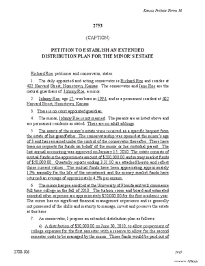 Thumbnail of Kansas Form Petition To Establish An Extended Distribution Plan For The Minor's Estate