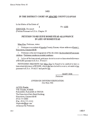 Thumbnail of Kansas Form Petition To Receive Homestead Allowance In Lieu Of Homestead