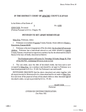 Thumbnail of Kansas Form Petition To Set Apart Homestead