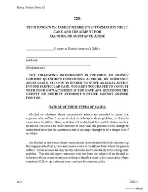 Thumbnail of Kansas Form Petitioner's Or Family Member's Information Sheet Care And Treatment For Alcohol Or Substance Abuse