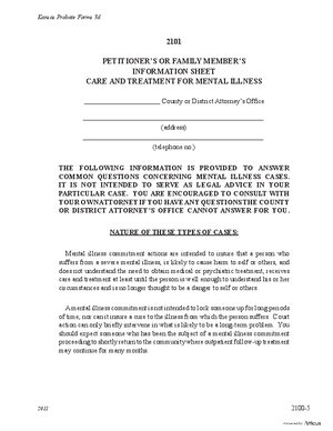 Thumbnail of Kansas Form Petitioner's Or Family Member's Information Sheet - Care And Treatment For Mental Illness