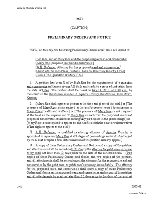Thumbnail of Kansas Form Preliminary Orders And Notice For Petition For Appointment Of Guardian/conservator In Kansas Giving Full Faith And Credit To Prior Adjudication From Another State