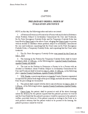 Thumbnail of Kansas Form Preliminary Orders, Order Of Evaluation And Notice (Substance Abuse)