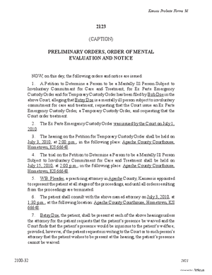 Thumbnail of Kansas Form Preliminary Orders, Order Of Mental Evaluation And Notice (Mental Illness)