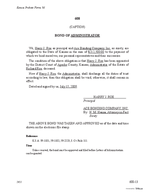Thumbnail of Kansas Form Probate Surety Bond Of Administrator (Supervised Intestate Administration)
