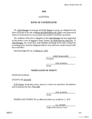 Thumbnail of Kansas Form Probate Surety Bond Of Conservator (Involuntary)