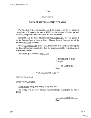 Thumbnail of Kansas Form Probate Surety Bond Of Special Administrator