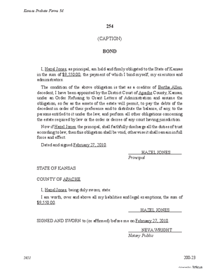 Thumbnail of Kansas Form Probate Surety Bond