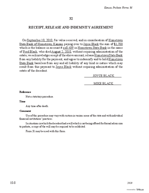 Thumbnail of Kansas Form Receipt, Release, And Invemnity Agreement