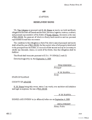 Thumbnail of Kansas Form Redelivery Bond (Informal Administration)