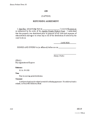 Thumbnail of Kansas Form Refunding Agreement (Supervised Intestate Administration)