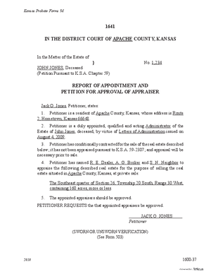 Thumbnail of Kansas Form Report Of Appointment And Petition For Approval Of Appraiser Of Real Estate