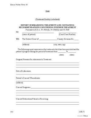 Thumbnail of Kansas Form Report Summarizing Treatment And Containing Recommendations Concerning Further Treatment (Mental Illness)
