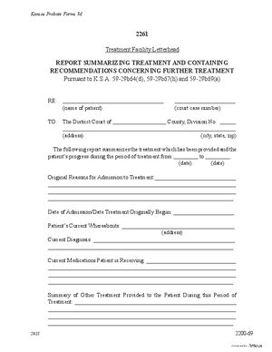 Thumbnail of Kansas Form Report Summarizing Treatment And Containing Recommendations Concerning Further Treatment (Substance Abuse)