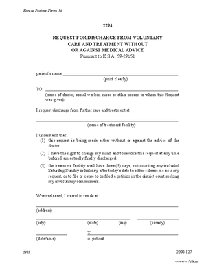 Thumbnail of Kansas Form Request For Discharge From Voluntary Care And Treatment Without Or Against Medical Advice (Substance Abuse)