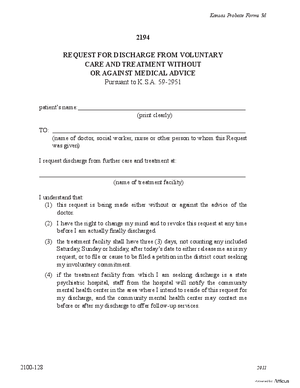 Thumbnail of Kansas Form Request For Discharge From Voluntary Care And Treatment Without Or Against Medical Advice (Mental Illness)