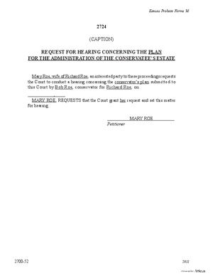 Thumbnail of Kansas Form Request For Hearing Concerning The Plan For The Administration Of The Conservatee's Estate (Misc Guardianship/conservatorship)