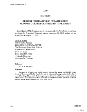 Thumbnail of Kansas Form Request For Hearing On Ex Parte Order Modifying Order For Outpatient Treatment (Mental Illness)