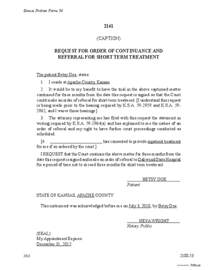 Thumbnail of Kansas Form Request For Order Of Continuance And Referral For Short Term Treatment (Mental Illness)
