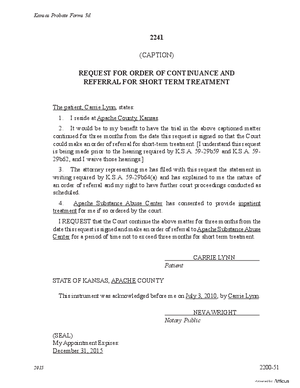 Thumbnail of Kansas Form Request For Order Of Continuance And Referral For Short Term Treatment (Substance Abuse)