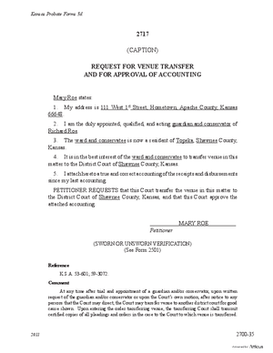 Thumbnail of Kansas Form Request For Venue Transfer And For Approval Of Accounting (Misc Guardianship/conservatorship)
