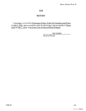 Thumbnail of Kansas Form Return For Preliminary Orders, Order Of Evaluation And Notice (Substance Abuse)