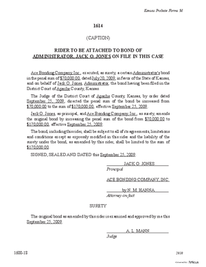 Thumbnail of Kansas Form Rider To Be Attached To Bond Of __________ On File In This Case