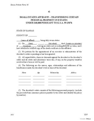 Thumbnail of Kansas Form Small Estates Affidavit Transferring Certain Personal Property In Estates Under $40,000 Pursuant To K.s.a. 59-1507b