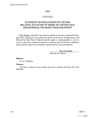 Thumbnail of Kansas Form Statement Of Explanation By Counsel Relating To Nature Of Order Of Continuance And Referral For Short Term Treatment (Substance Abuse)