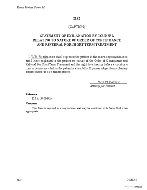 Thumbnail of Kansas Form Statement Of Explanation By Counsel Relating To Nature Of Order Of Continuance And Referral For Short Term Treatment (Mental Illness)