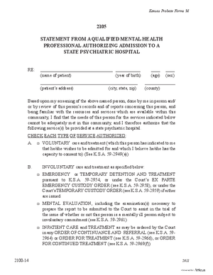Thumbnail of Kansas Form Statement From A Qualified Mental Health Professional Authorizing Admission To A State Psychiatric Hospital (Mental Illness)