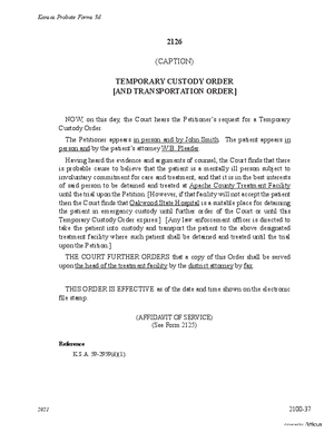 Thumbnail of Kansas Form Temporary Custody Order [And Transportation Order] (Mental Illness)