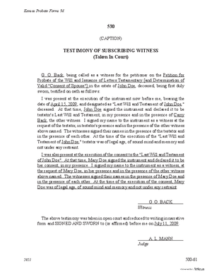 Thumbnail of Kansas Form Testimony Of Subscribing Witness (Taken In Court)