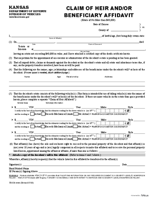 Thumbnail of Kansas Form Transfer Of Title To Motor Vehicles - Claim Of Heir And/or Beneficiary Affidavit