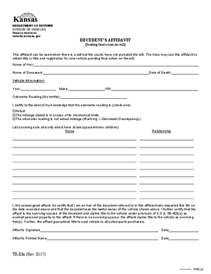 Thumbnail of Kansas Form Transfer Of Title To Motor Vehicles - Decedent's Affidavit