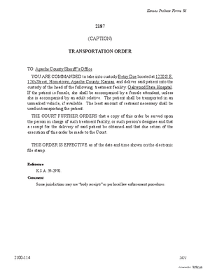 Thumbnail of Kansas Form Transportation Order (Mental Illness)