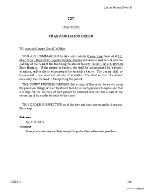 Thumbnail of Kansas Form Transportation Order (Substance Abuse)
