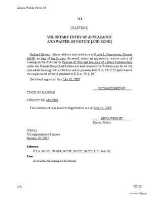 Thumbnail of Kansas Form Voluntary Entry Of Appearance And Waiver Of Notice [And Bond] (If Waivers Are Filed) (Simplified Administration)
