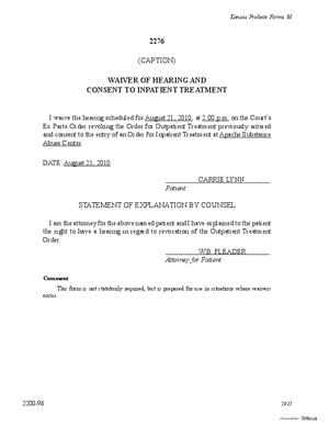 Thumbnail of Kansas Form Waiver Of Hearing And Consent To Inpatient Treatment (Substance Abuse)