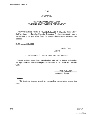 Thumbnail of Kansas Form Waiver Of Hearing And Consent To Inpatient Treatment (Mental Illness)