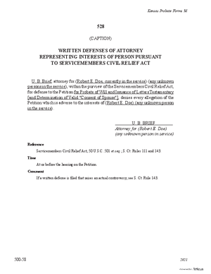 Thumbnail of Kansas Form Written Defenses Of Attorney Representing Interests Of Person Pursuant To Servicemembers Civil Relief Act
