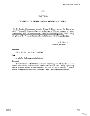 Thumbnail of Kansas Form Written Defenses Of Guardian Ad Litem