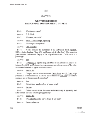 Thumbnail of Kansas Form Written Questions Propounded To Subscribing Witness