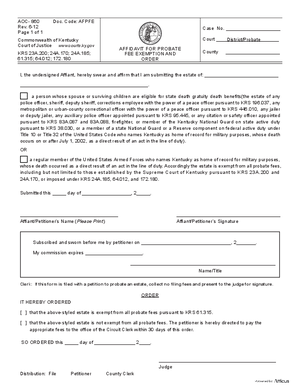 Thumbnail of Kentucky Form Affidavit For Probate Fee Exemption And Order