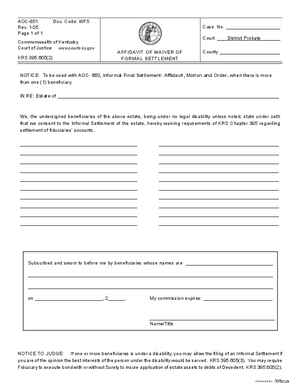 Thumbnail of Kentucky Form Affidavit Of Waiver Of Formal Settlement