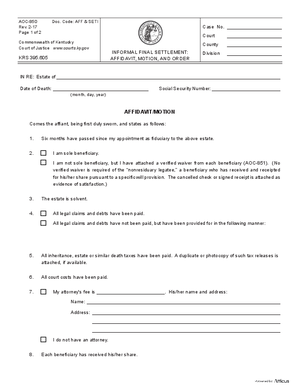 Thumbnail of Kentucky Form Informal Final Settlement: Affidavit, Motion And Order