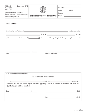 Thumbnail of Kentucky Form Order Appointing Fiduciary