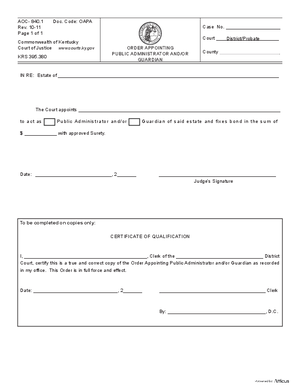 Thumbnail of Kentucky Form Order Appointing Public Administrator And/or Guardian