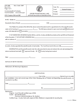 Thumbnail of Kentucky Form Order Probating Will & Appointing Executor/executrix